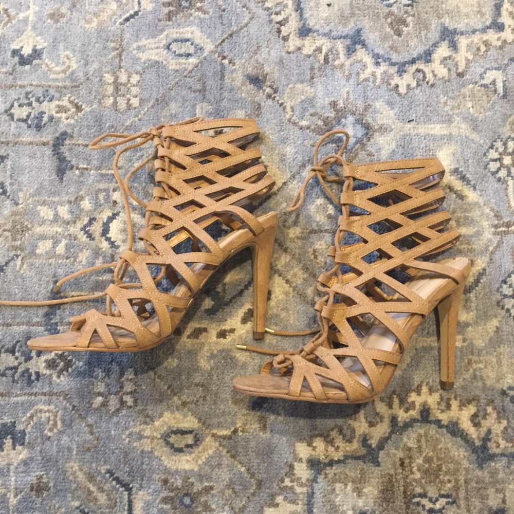 Aldo Suede Nude Cutout Lace Up Heels